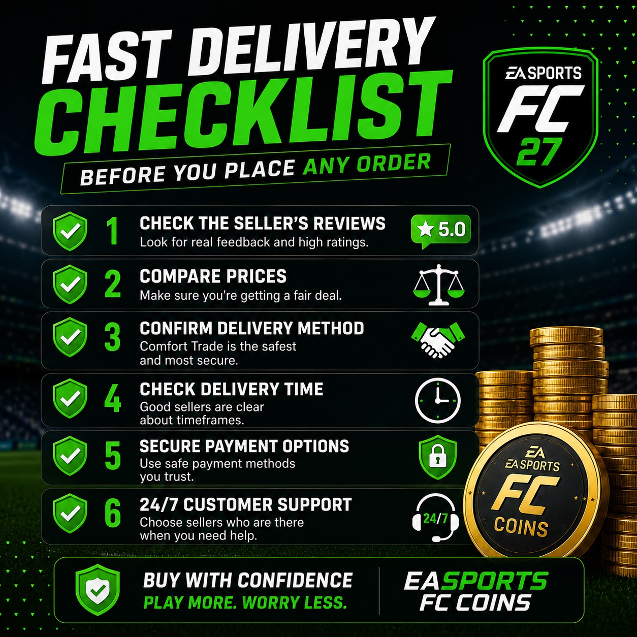EA Sports FC 27 fast delivery checklist with six buyer safety checks before placing an FC coin order